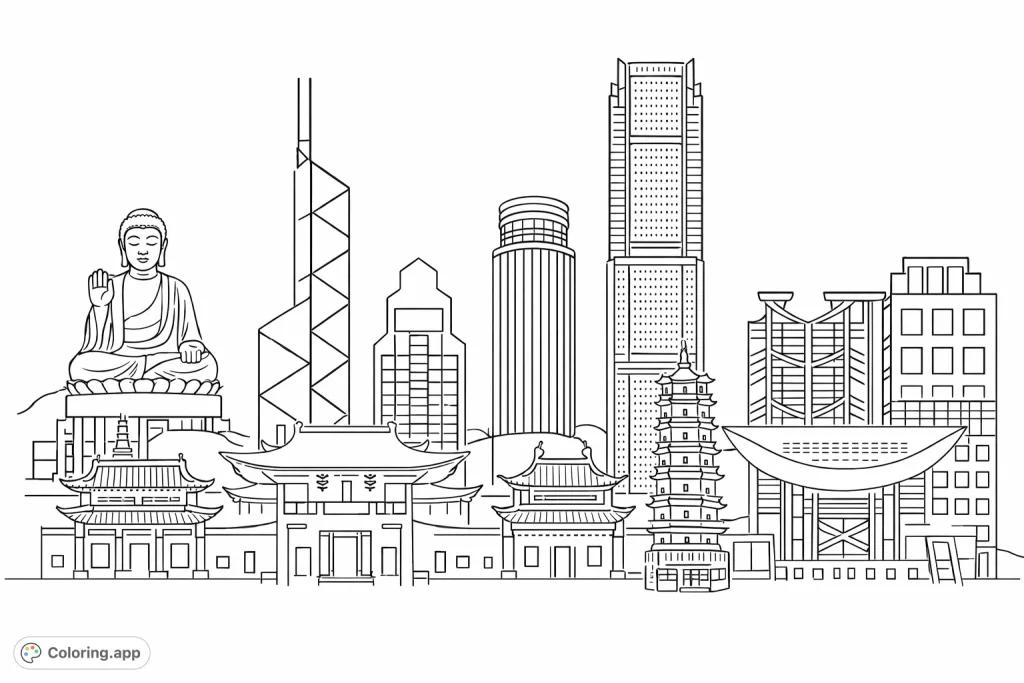 Explore a dynamic Hong Kong skyline coloring page, featuring iconic skyscrapers, traditional temples, and a majestic Buddha. A free printable coloring page.