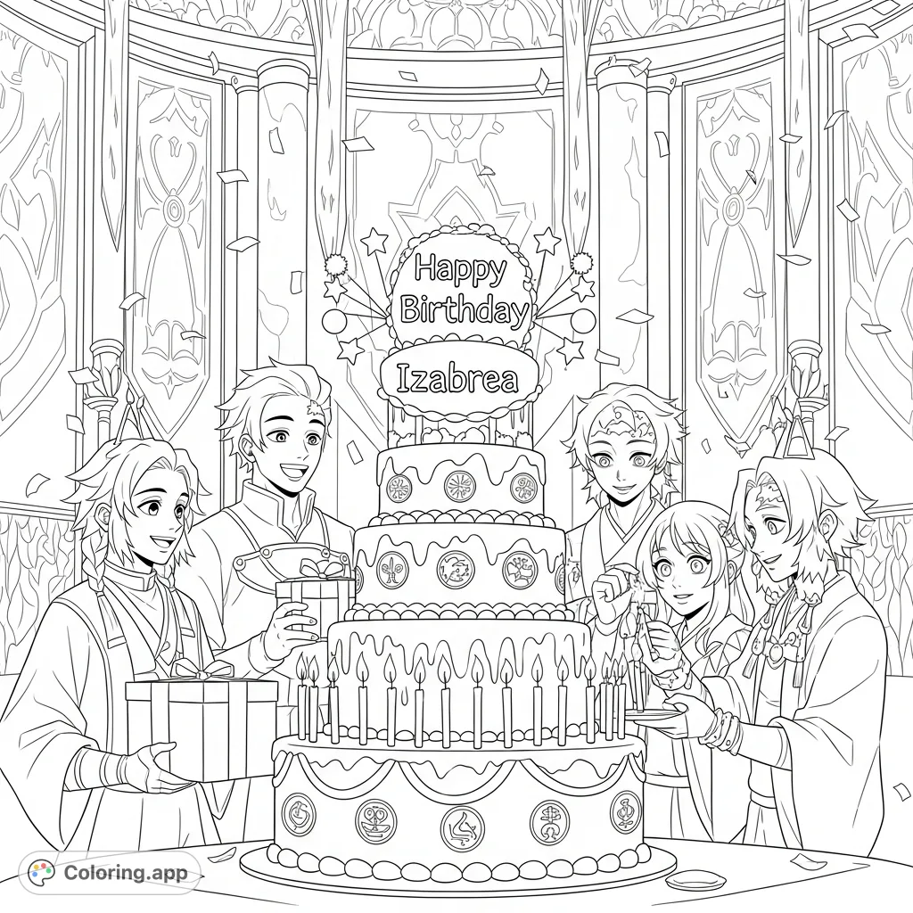 Join K-pop demon hunters celebrating a birthday with a multi-tiered cake, ornate hall, confetti, and detailed character poses. A festive and engaging scene!