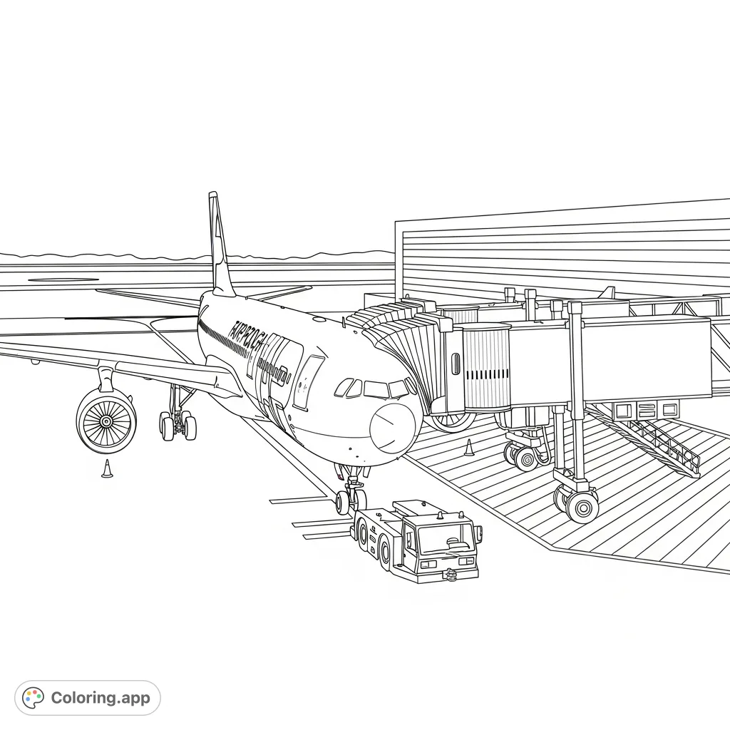 An exciting TAP A330 airplane coloring page, depicting the aircraft on the tarmac near an aerobridge with a tug vehicle. A free printable coloring page for aviation enthusiasts.