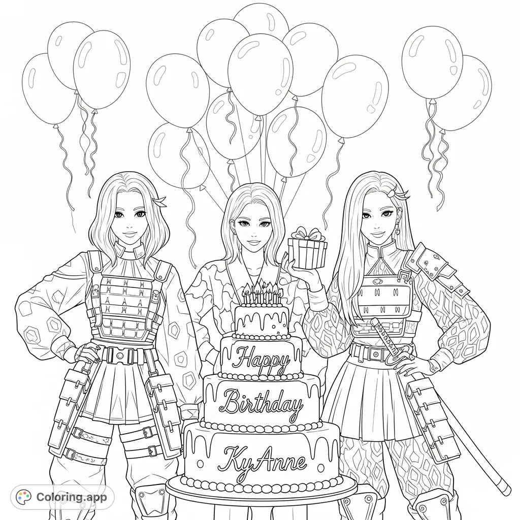 Three Kpop-inspired demon hunter girls, Rumi, Mira, and a companion, celebrate a birthday with a multi-tiered cake and balloons. Features intricate outfits.