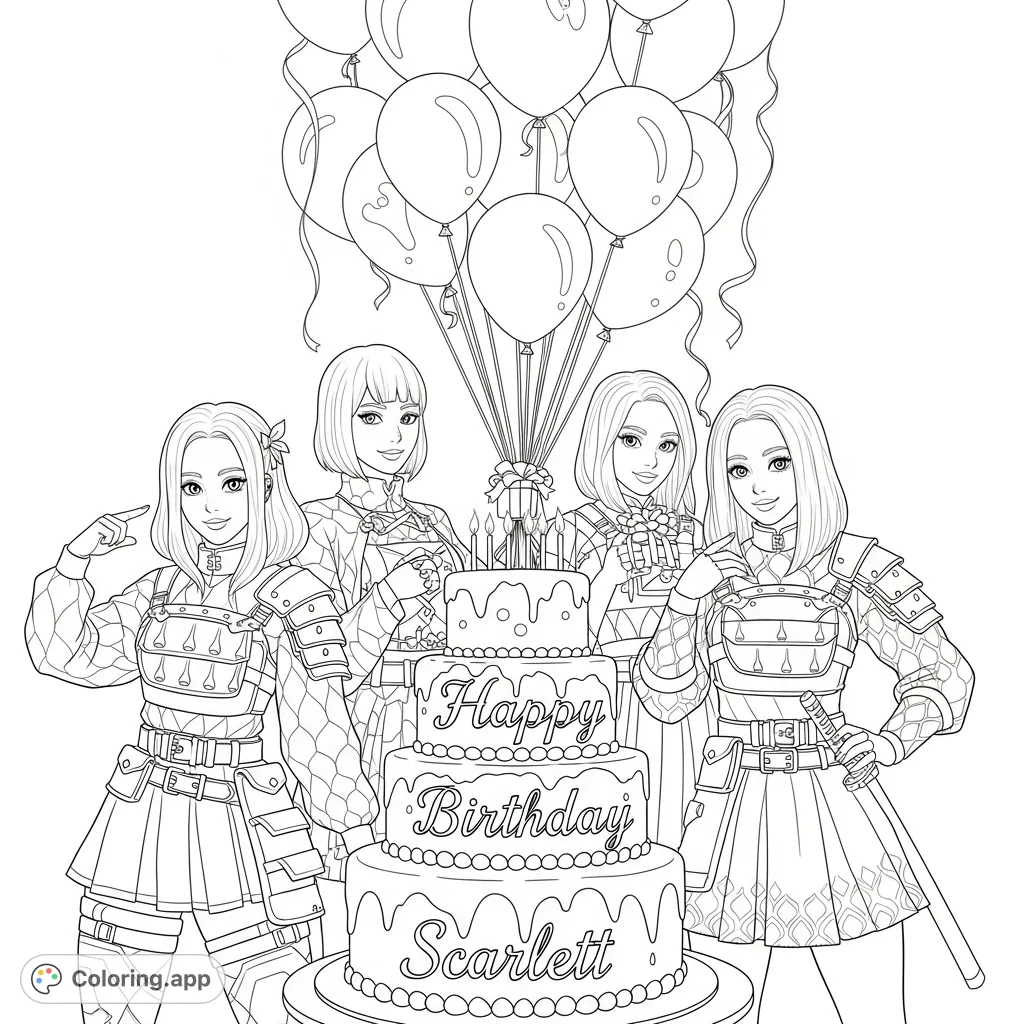 Three Kpop-inspired demon hunter girls, Rumi, Mira, and a friend, celebrate with a multi-tiered cake inscribed "Happy Birthday Scarlett" amidst festive balloons.
