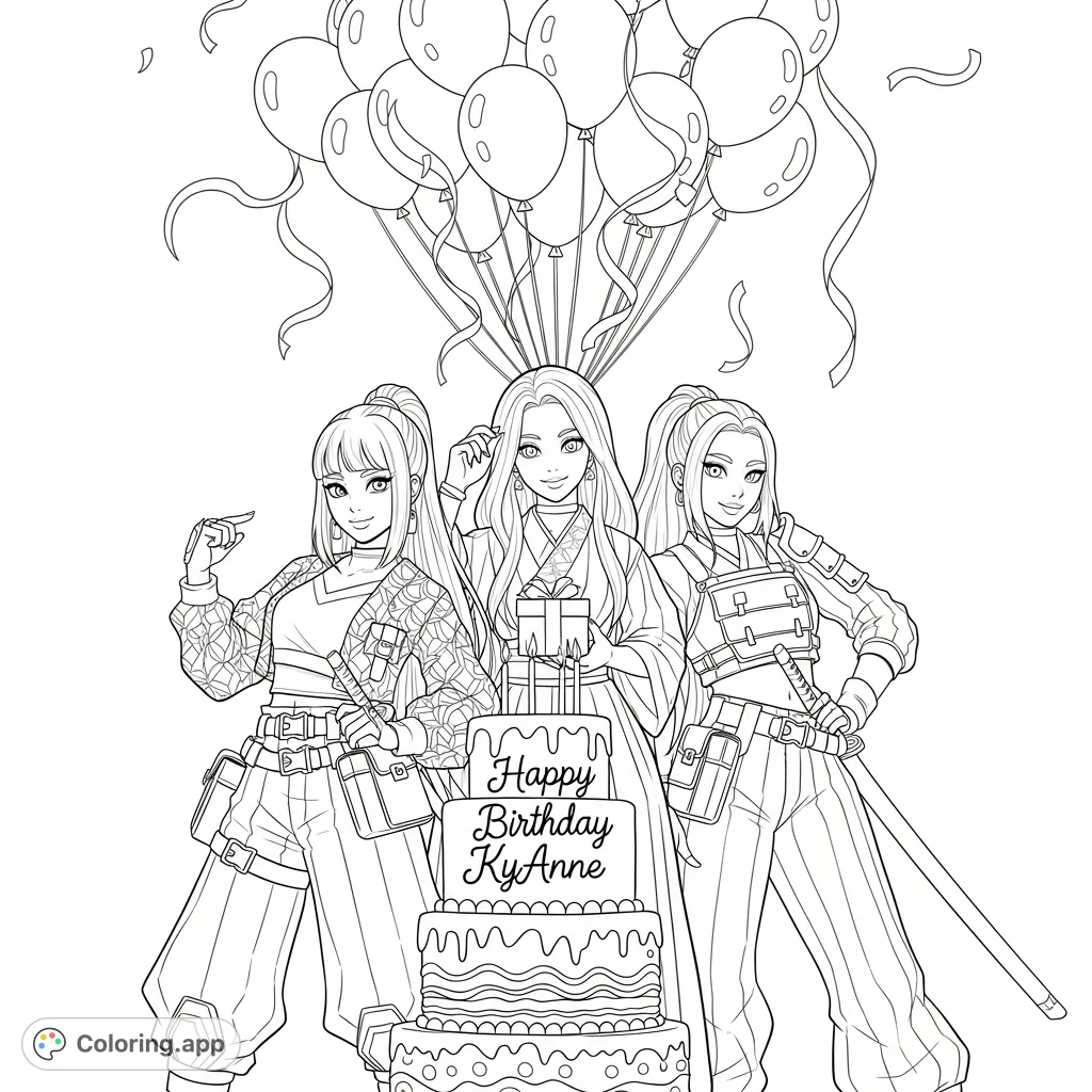 Three Kpop-inspired demon hunter girls, Rumi, Mira, and Zoey, celebrate a birthday with a "Happy Birthday KyAnne" cake and festive balloons.