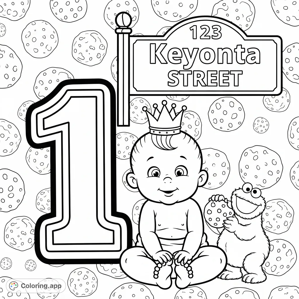 Celebrate a special first milestone with this charming baby, complete with a crown, a bold "1" numeral, and a customizable "Keyonta STREET 123" sign.