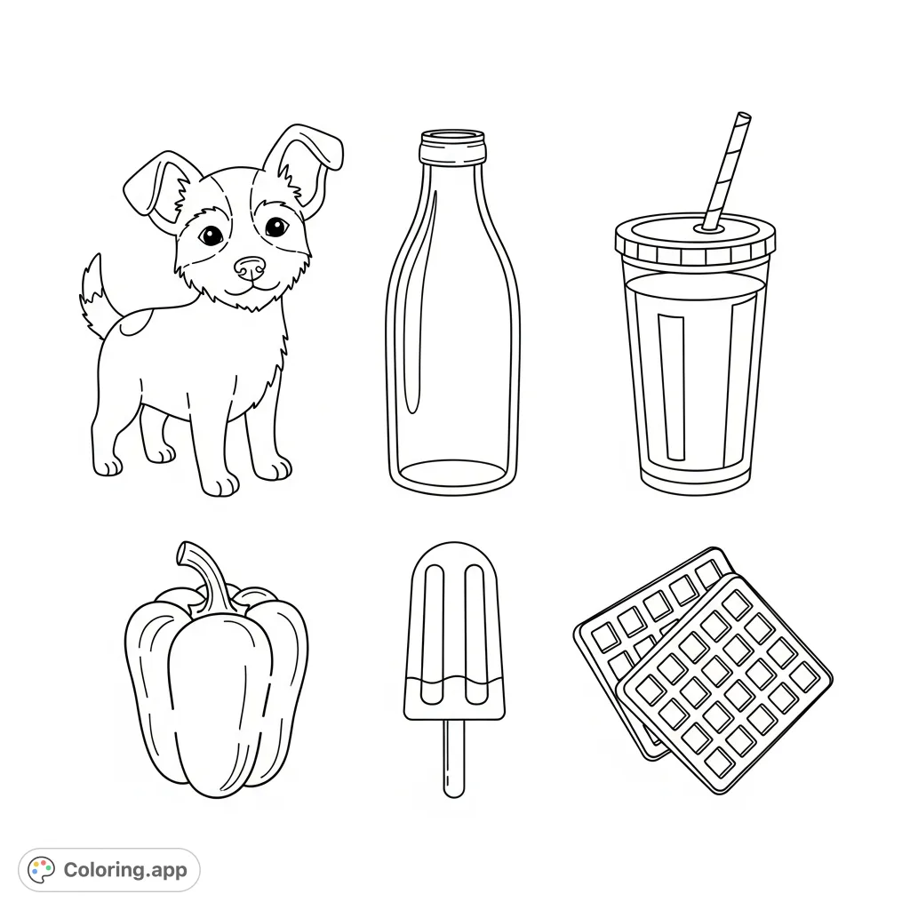 A delightful 2x3 grid featuring a cute cartoon dog, bottle, tumbler, pepper, popsicle, and waffles. Perfect for simple, fun coloring pages for kids.