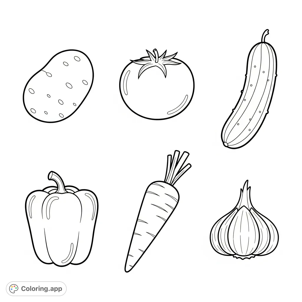 Discover six adorable cartoon vegetables, including potato, tomato, and carrot, arranged in a neat 2x3 grid. A simple, charming design perfect for creative coloring.