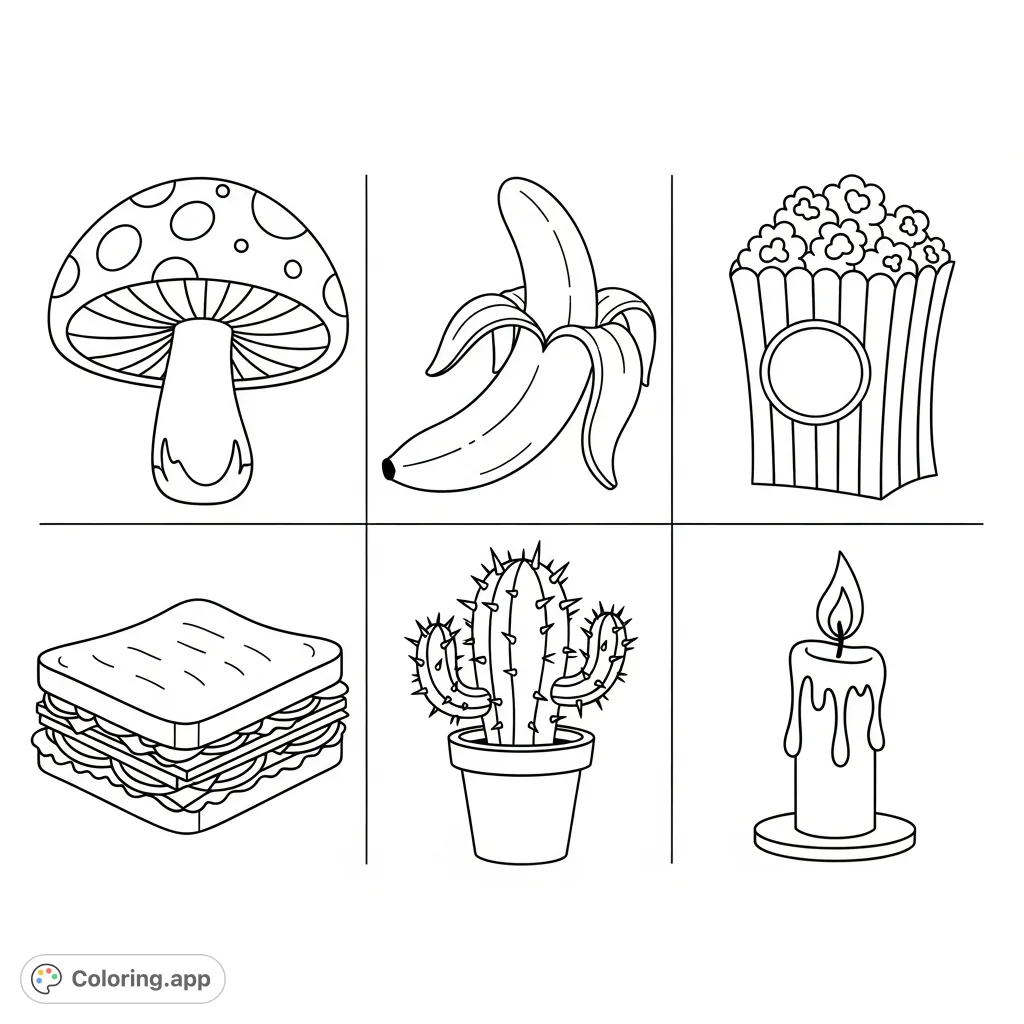 A charming 2x3 grid featuring six adorable, simple cartoon objects: a mushroom, banana, popcorn, sandwich, cactus, and candle. Perfect for young artists!