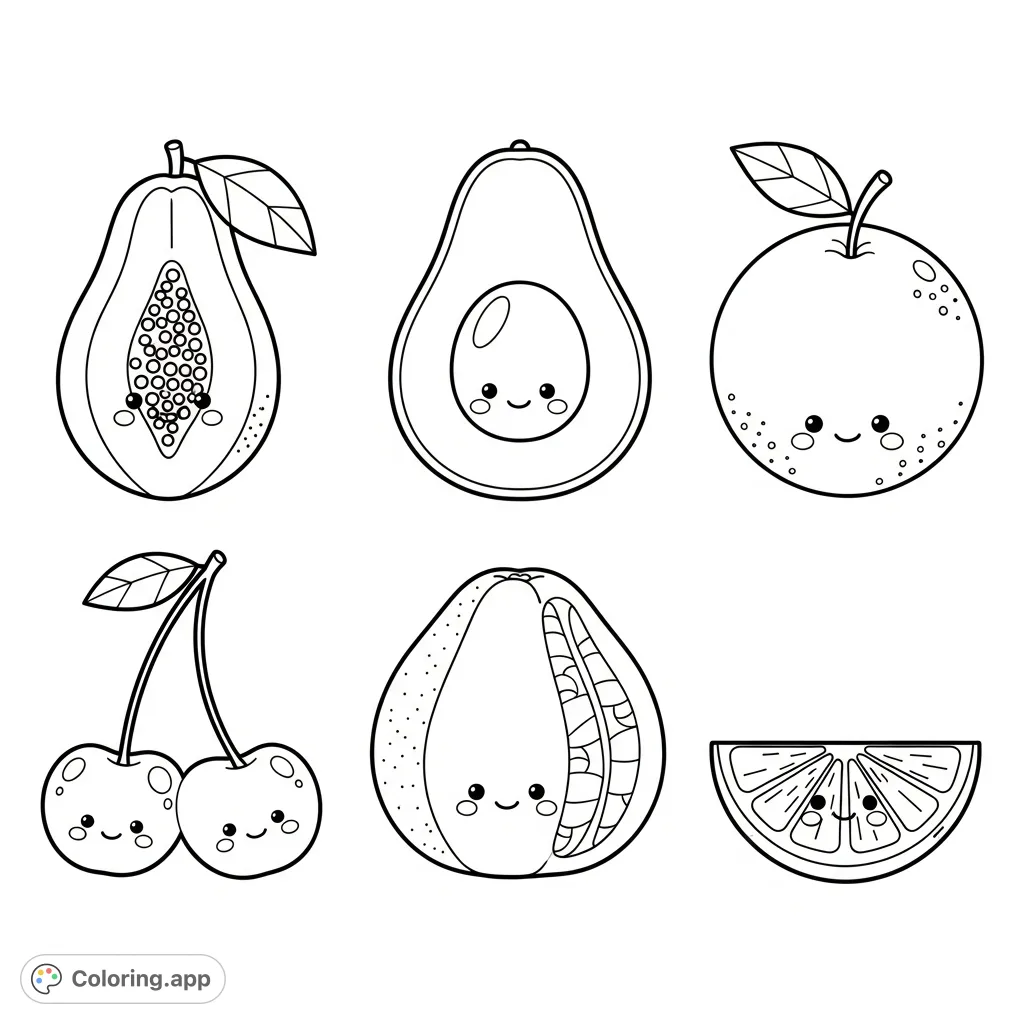 A delightful coloring page featuring six adorable cartoon fruits—papaya, avocado, orange, cherry, pomelo, and lime—arranged in a neat 2x3 grid, perfect for cheerful coloring fun.