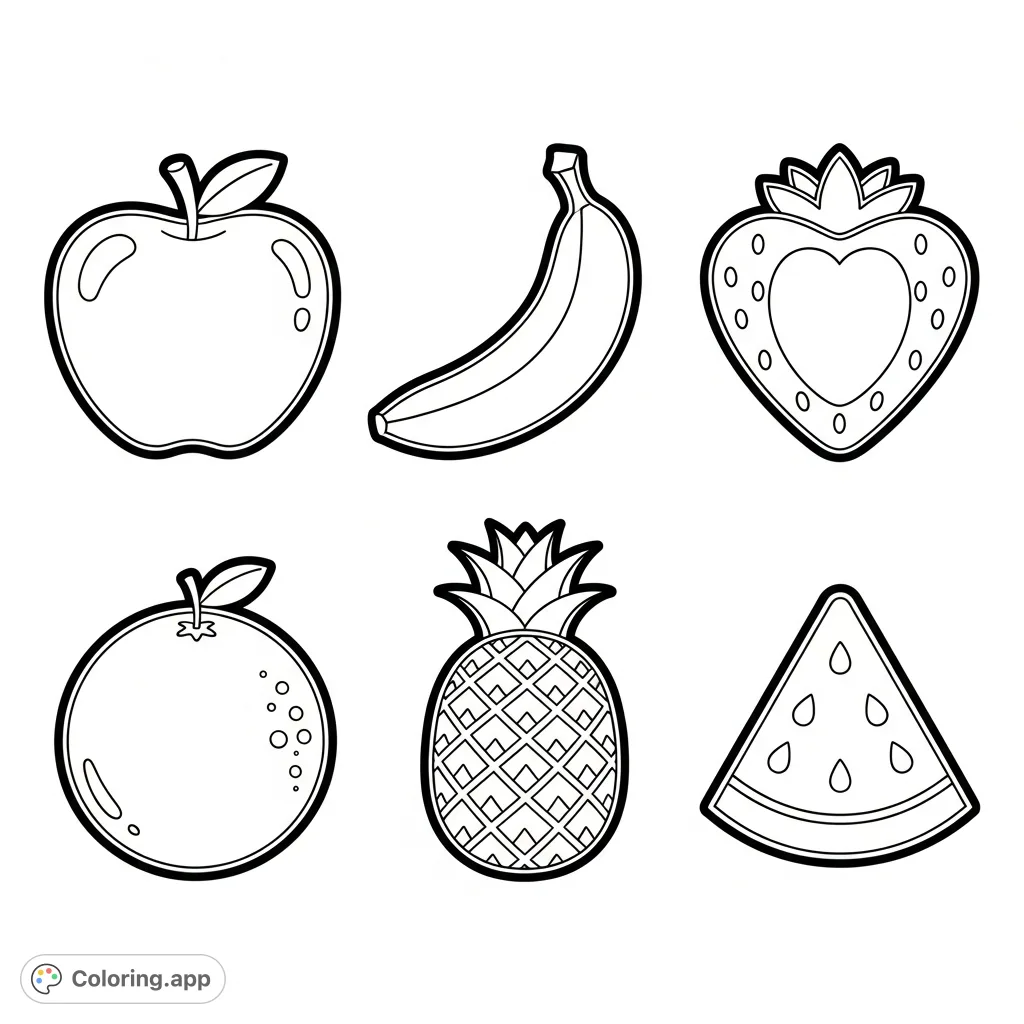A fun, simple fruit coloring page featuring an apple, banana, strawberry, orange, pineapple, and watermelon in a clean 2x3 grid. Perfect for young artists.