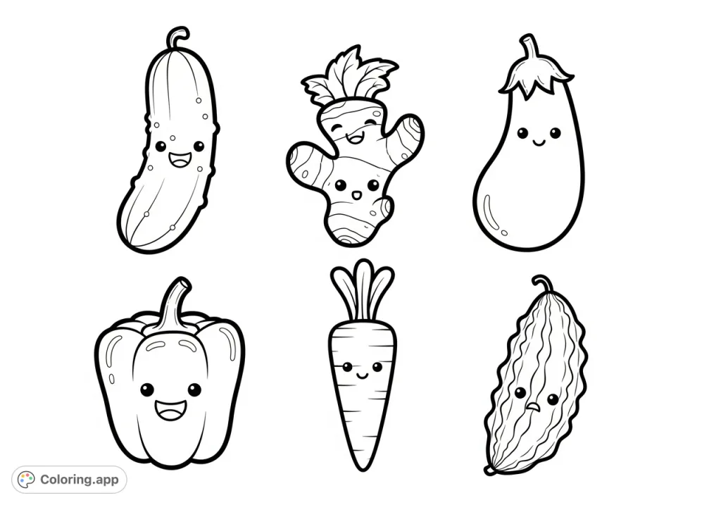 A delightful 2x3 grid featuring six adorable, simple cartoon vegetables, each with bold outlines and empty shapes, perfect for a fun coloring session.