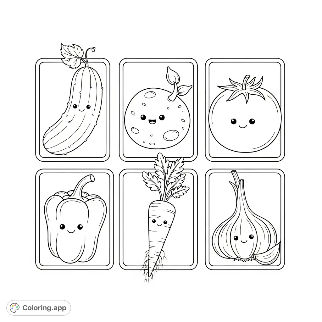 Explore six adorable, cartoon-style vegetables – cucumber, potato, tomato, capsicum, carrot, garlic – each in its own box within a clean grid. Perfect for young artists!