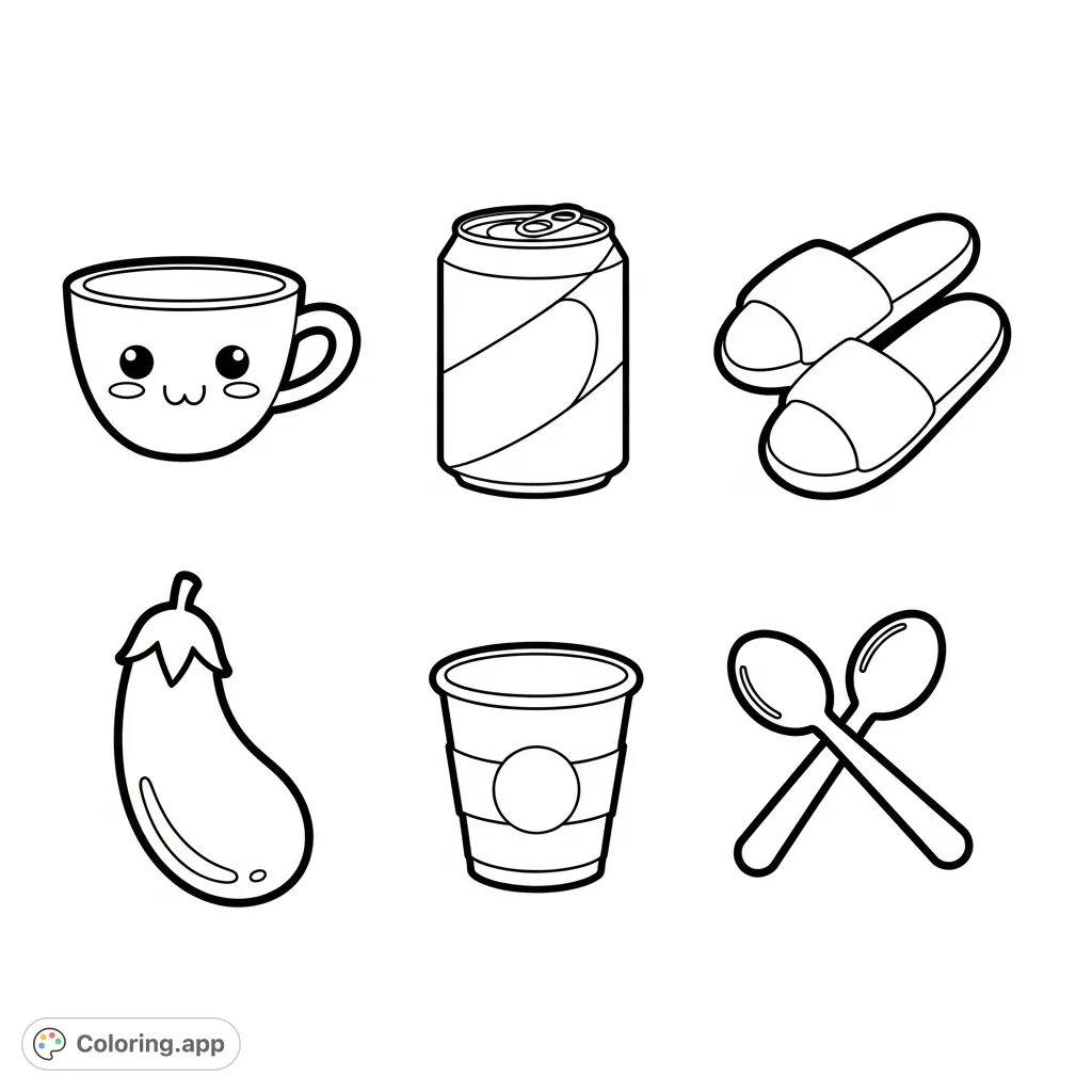 A charming, simple coloring page featuring six everyday items in a clean 2x3 grid. Perfect for quick, relaxing coloring sessions for all ages.