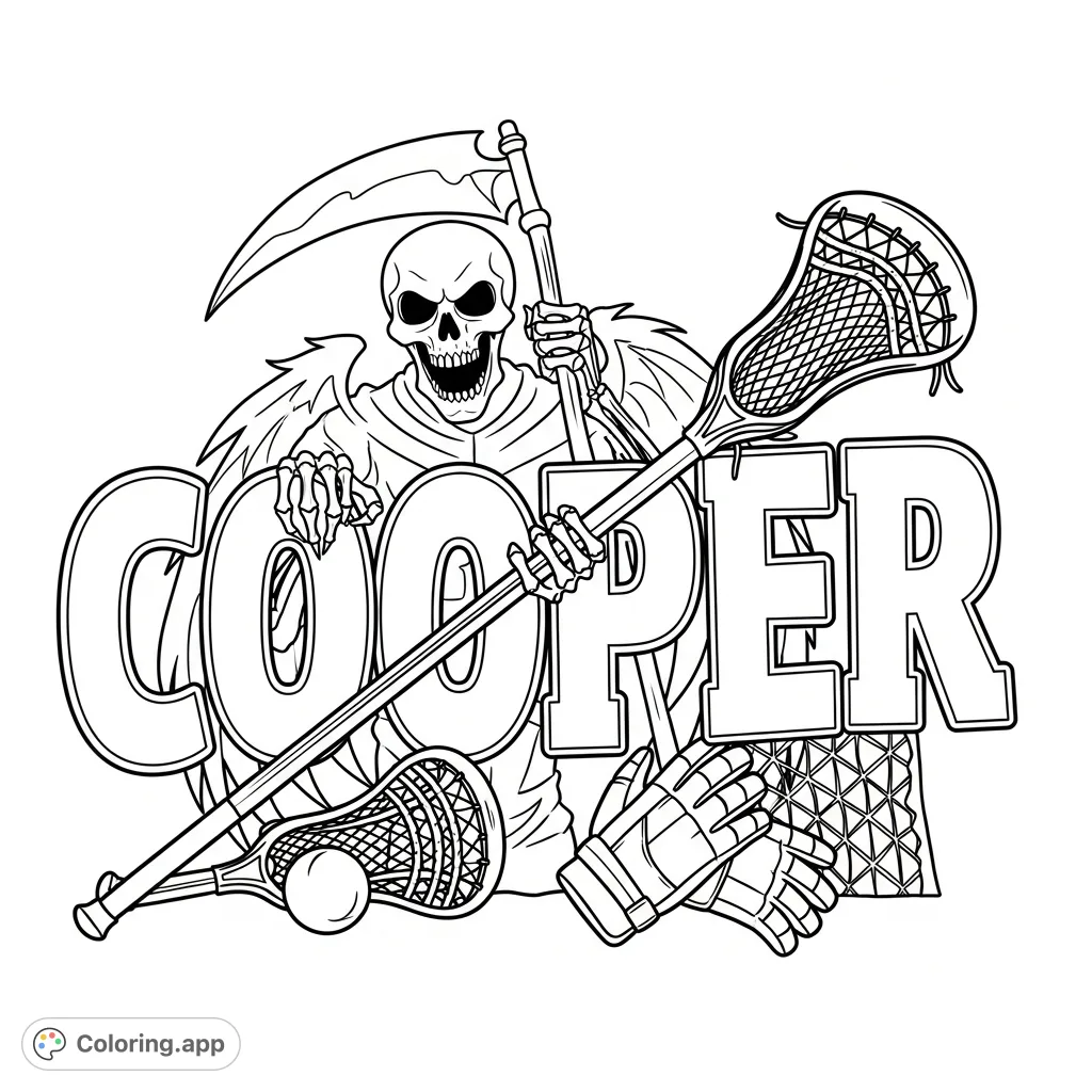 Prominent COOPER lettering intertwined with a majestic reaper and lacrosse gear, offering a unique blend of sport and myth for creative coloring.