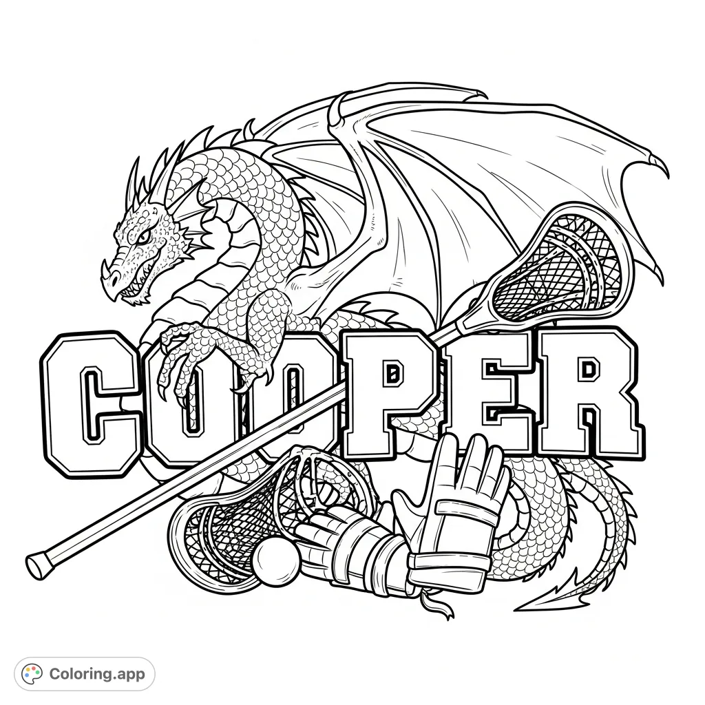 An epic coloring page featuring the name "Cooper" intertwined with a majestic dragon, lacrosse gear, and textured details, perfect for all ages.