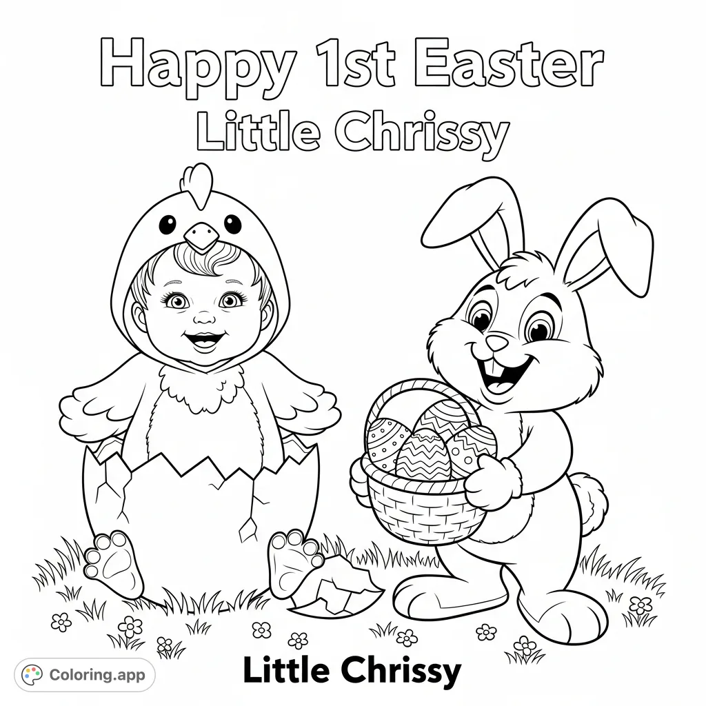 Celebrate Little Chrissy's 1st Easter with an adorable baby chick in a cracked egg and a joyful cartoon Easter bunny, perfect for a special keepsake!