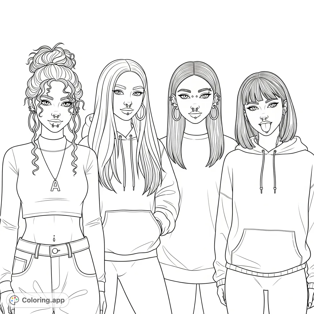 Capture the unique styles of four friends in this modern coloring page. Perfect for teens and young adults who love fashion and friendship themes.