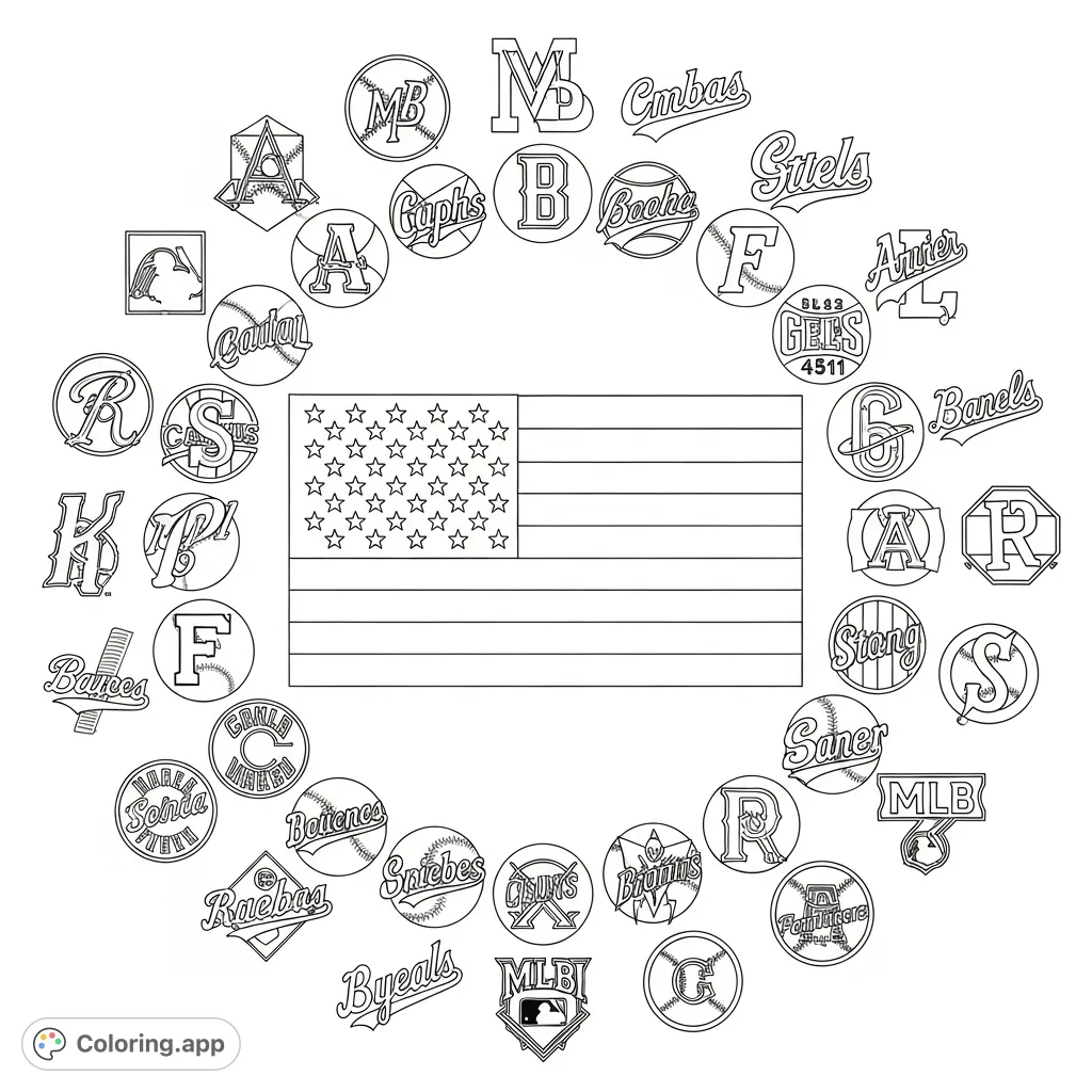 Color a grand American flag surrounded by all 31 MLB team logos! A detailed sports fan's dream, perfect for showcasing patriotic spirit and team pride.