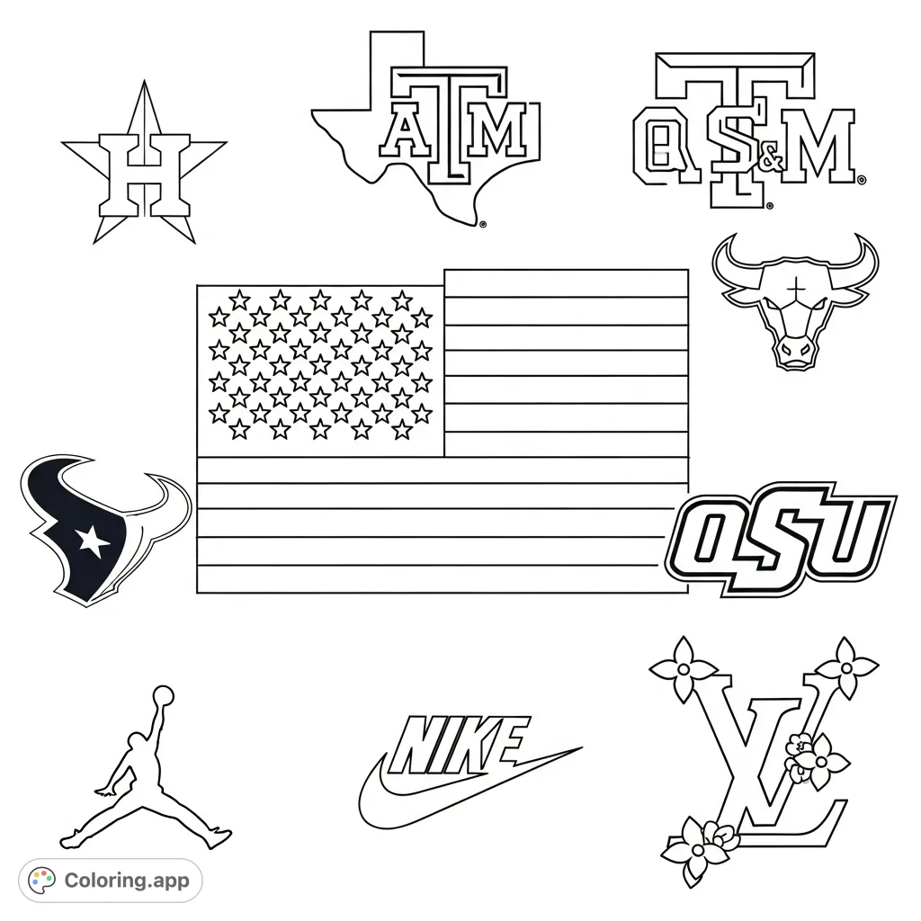 A unique coloring page featuring the American flag alongside iconic logos like Astros, Texas A&M, Texans, Jordan, Nike, and Louis Vuitton for diverse appeal.