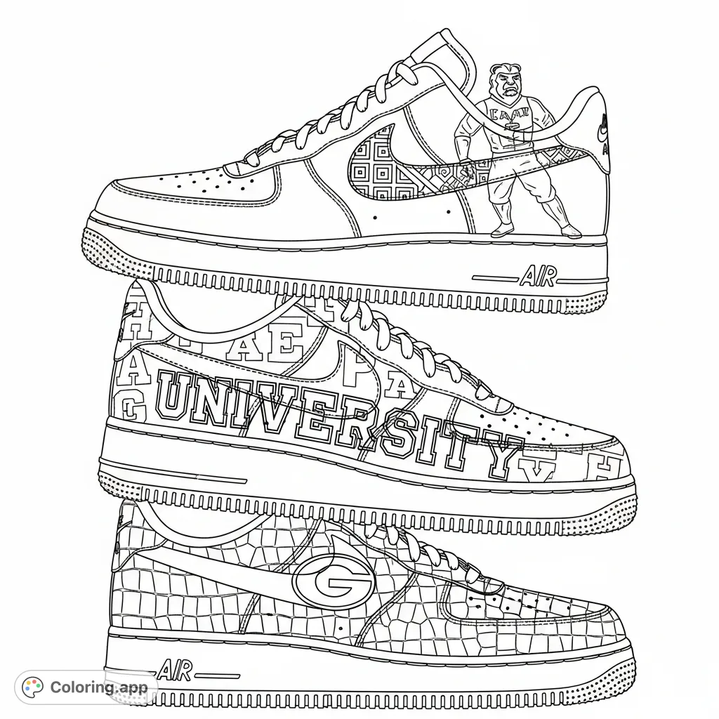 Stacked Air Force 1 sneakers featuring intricate Florida Gator-themed designs, from alligator scales to university lettering and mascot details.