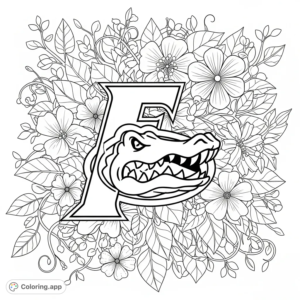 A striking Florida Gators logo intertwined with a beautiful floral background, perfect for fans to color and personalize. A unique blend of spirit and nature.
