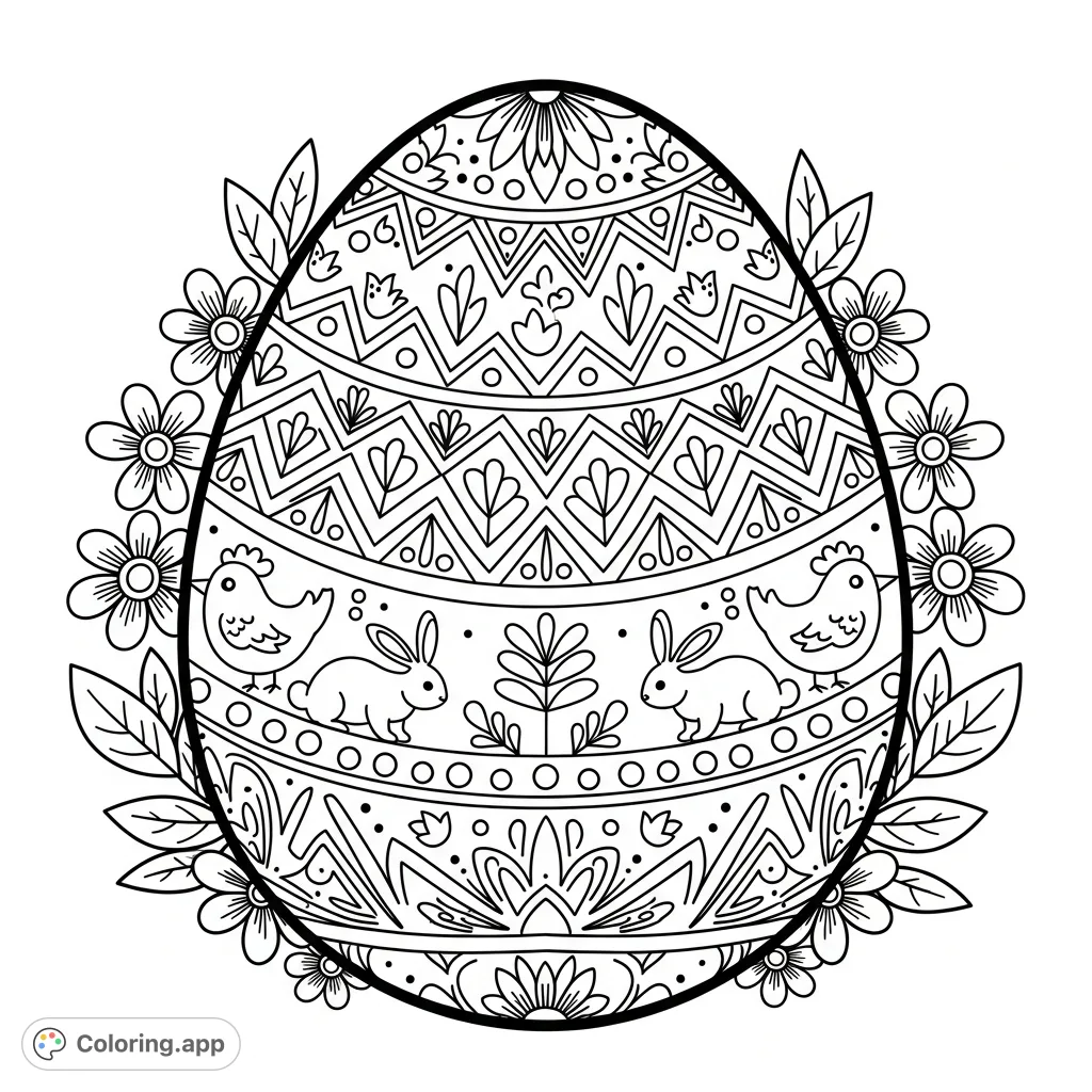 An exquisite Easter egg adorned with intricate symmetrical folk art designs, including delicate florals, scrolling leaves, stylized animals, and geometric patterns.