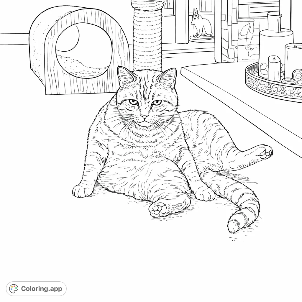Capture the charming realism of a domestic cat relaxing in a cozy indoor setting. A free printable realistic cat coloring page for all ages.