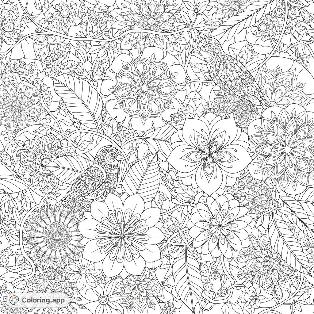 An intricate jungle mandala coloring page. Explore dense foliage, exotic animals, and geometric patterns for a relaxing creative experience. Free printable coloring page for adults.