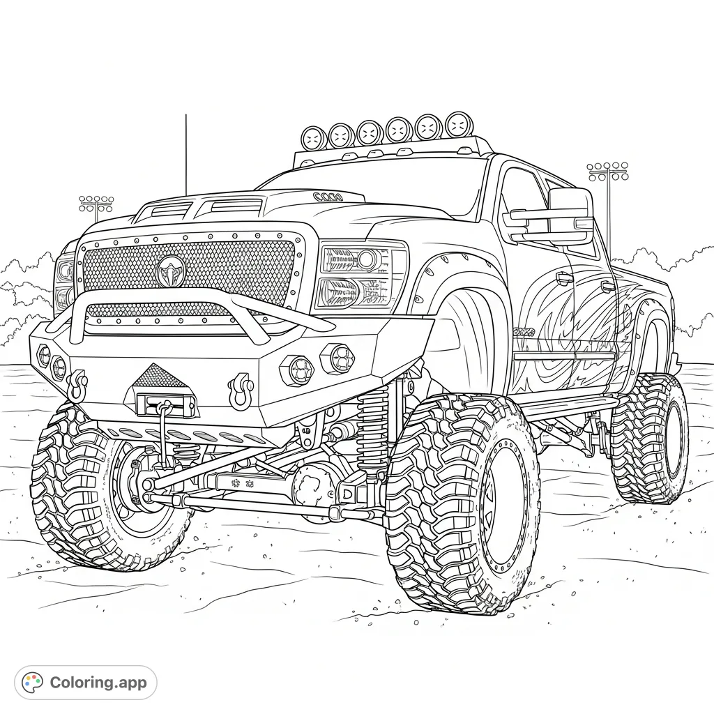 Unleash your creativity on this detailed lifted pickup truck coloring page. Featuring massive tires, custom parts, and intricate decals, it's an off-road dream!