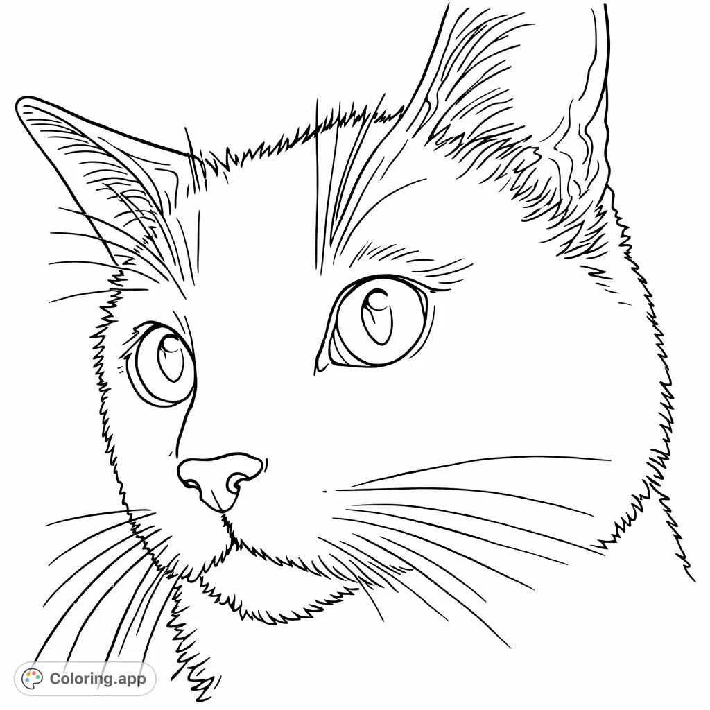 A captivating close-up of a charming cat with striking, luminous eyes and detailed whiskers, offering a delightful and engaging coloring experience for all ages.