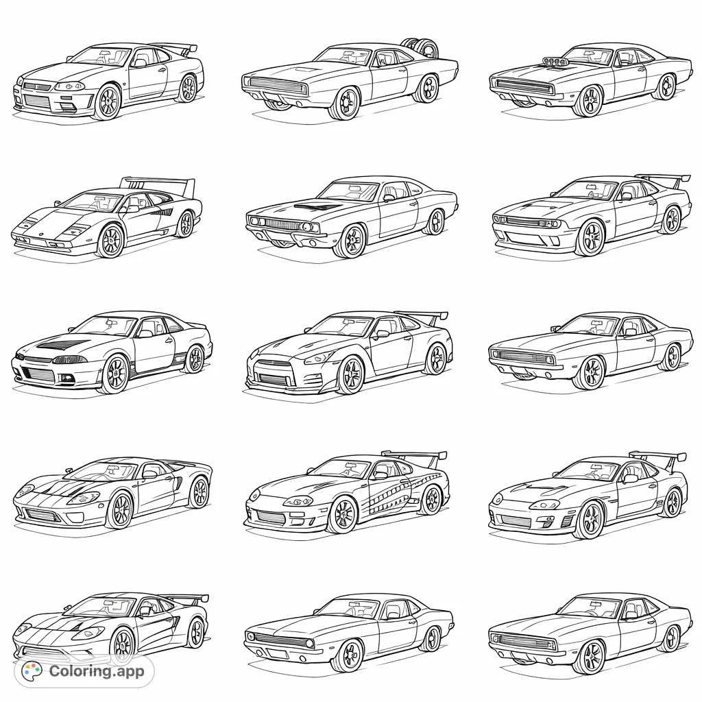 A stunning collection of 12 detailed performance vehicles, from classic muscle cars to modern sports cars, offering car enthusiasts an engaging coloring experience.