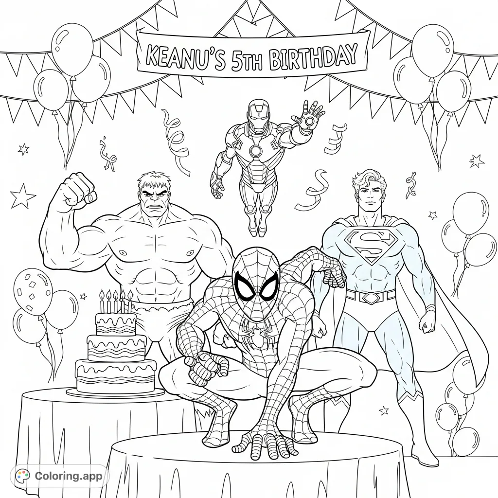 Join Spider-Man, Hulk, Superman, and Iron Man celebrating Keanu's 5th Birthday! A dynamic superhero party scene for an epic coloring adventure.