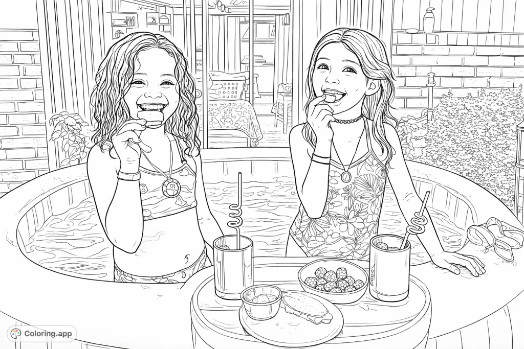 Two smiling girls enjoy snacks and drinks in a hot tub, surrounded by a fun outdoor setting. Perfect for a relaxing coloring session!