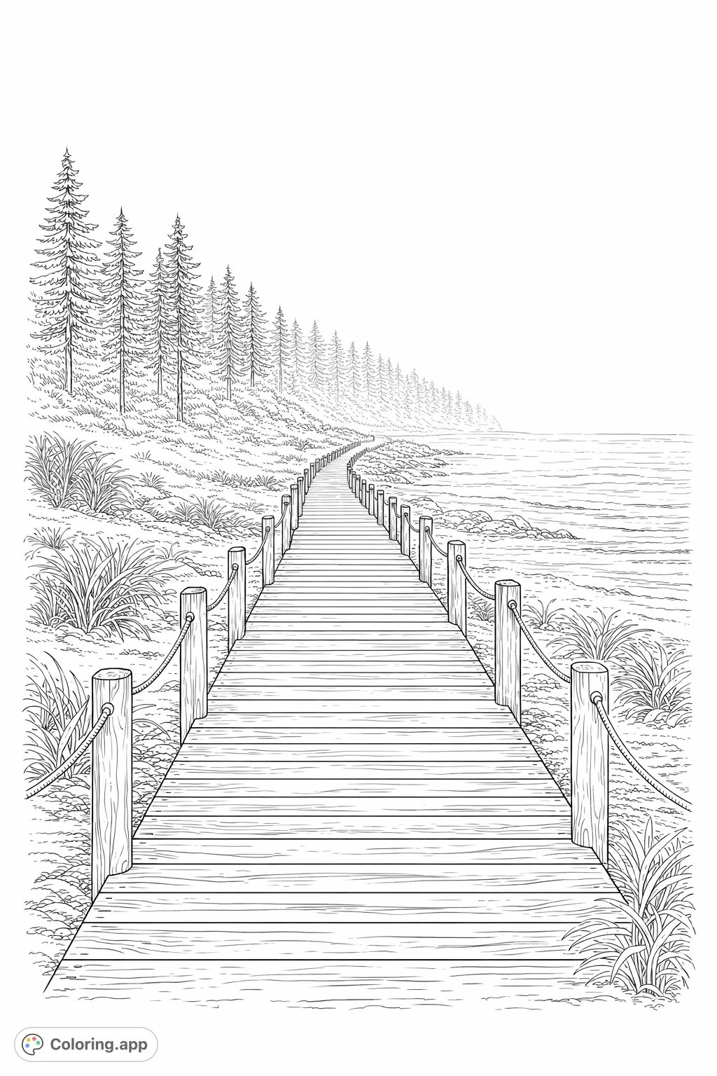 Embark on a serene journey along a wooden boardwalk winding through a misty forest landscape beside calm waters. A tranquil scene for mindful coloring.
