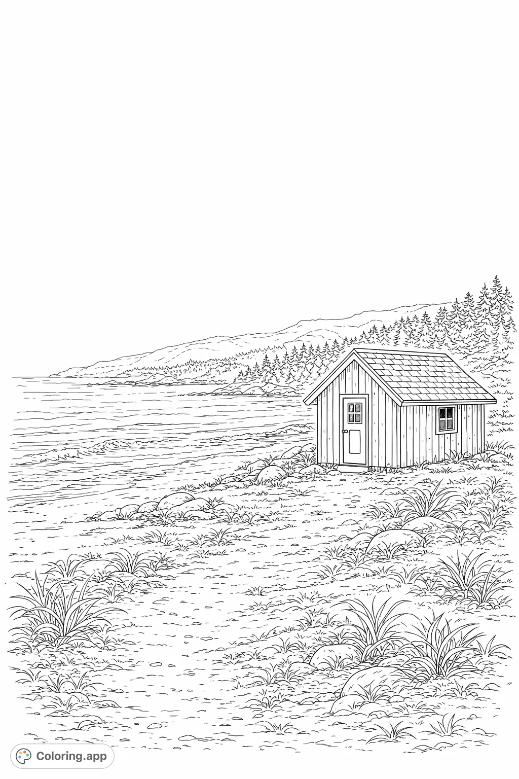A serene coastal cabin stands by tranquil waters, surrounded by textured rocks and distant forests, inviting peaceful and detailed coloring.