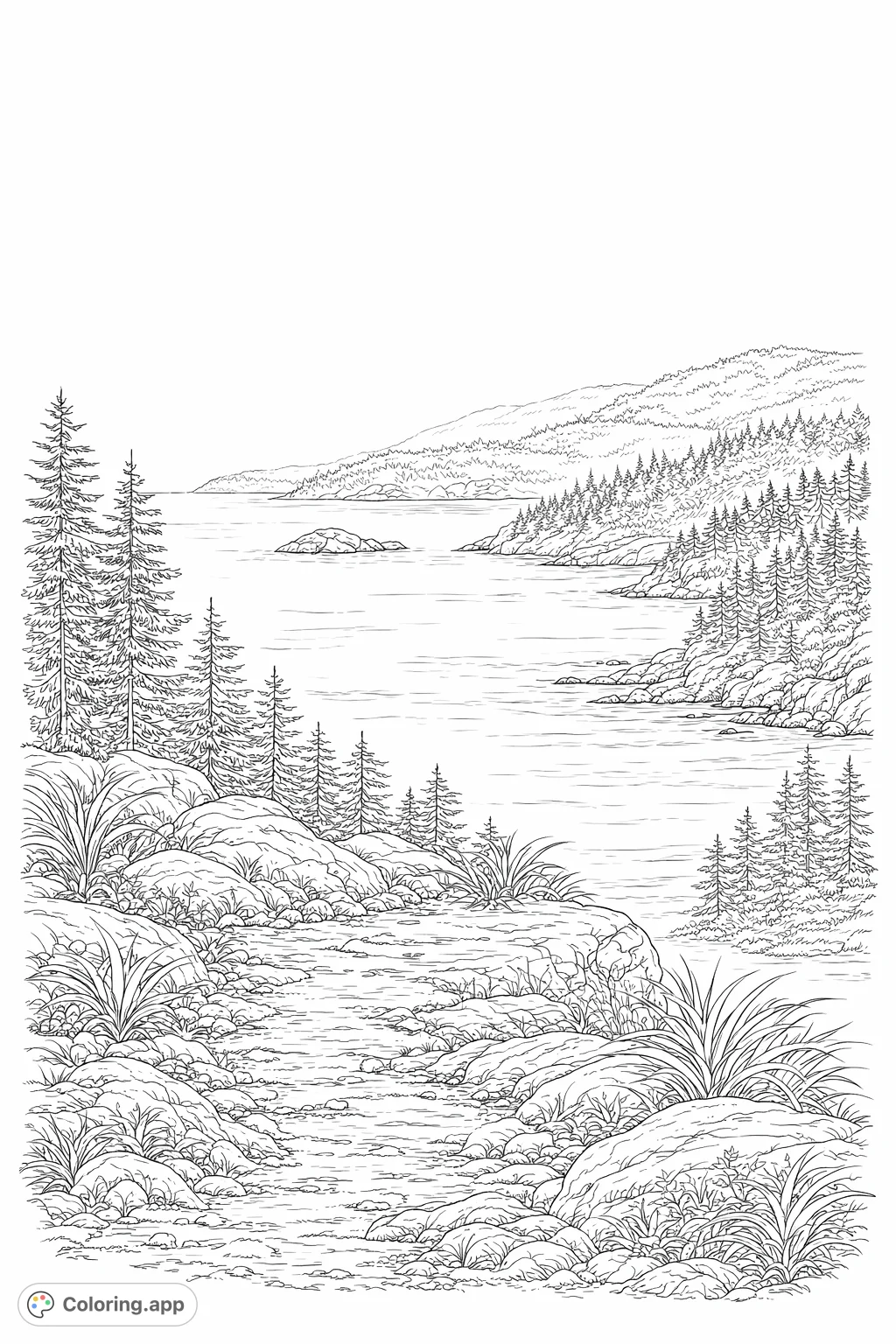 Explore a detailed coastal landscape featuring a rocky foreground, towering evergreen trees, serene waters, and distant forested mountains. A realistic nature scene awaits your creative touch.