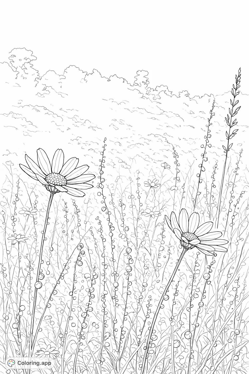 Capture the serene beauty of a dew-kissed meadow with this detailed floral coloring page. Two elegant flowers stand amidst intricate grasses and glistening droplets.