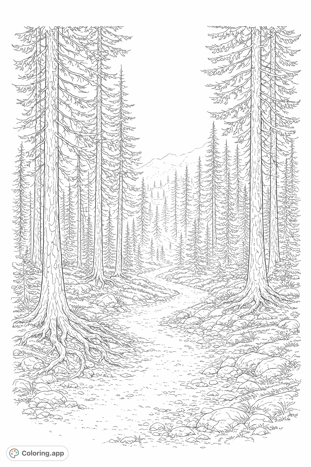 Explore a winding forest path lined with majestic trees and exposed roots. A detailed nature scene inviting serene coloring for all ages.