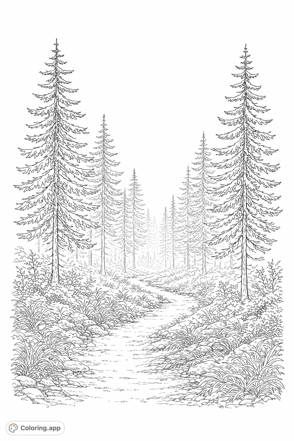 Explore a tranquil forest path flanked by majestic pine trees and detailed foliage. A free printable nature coloring page for all ages.
