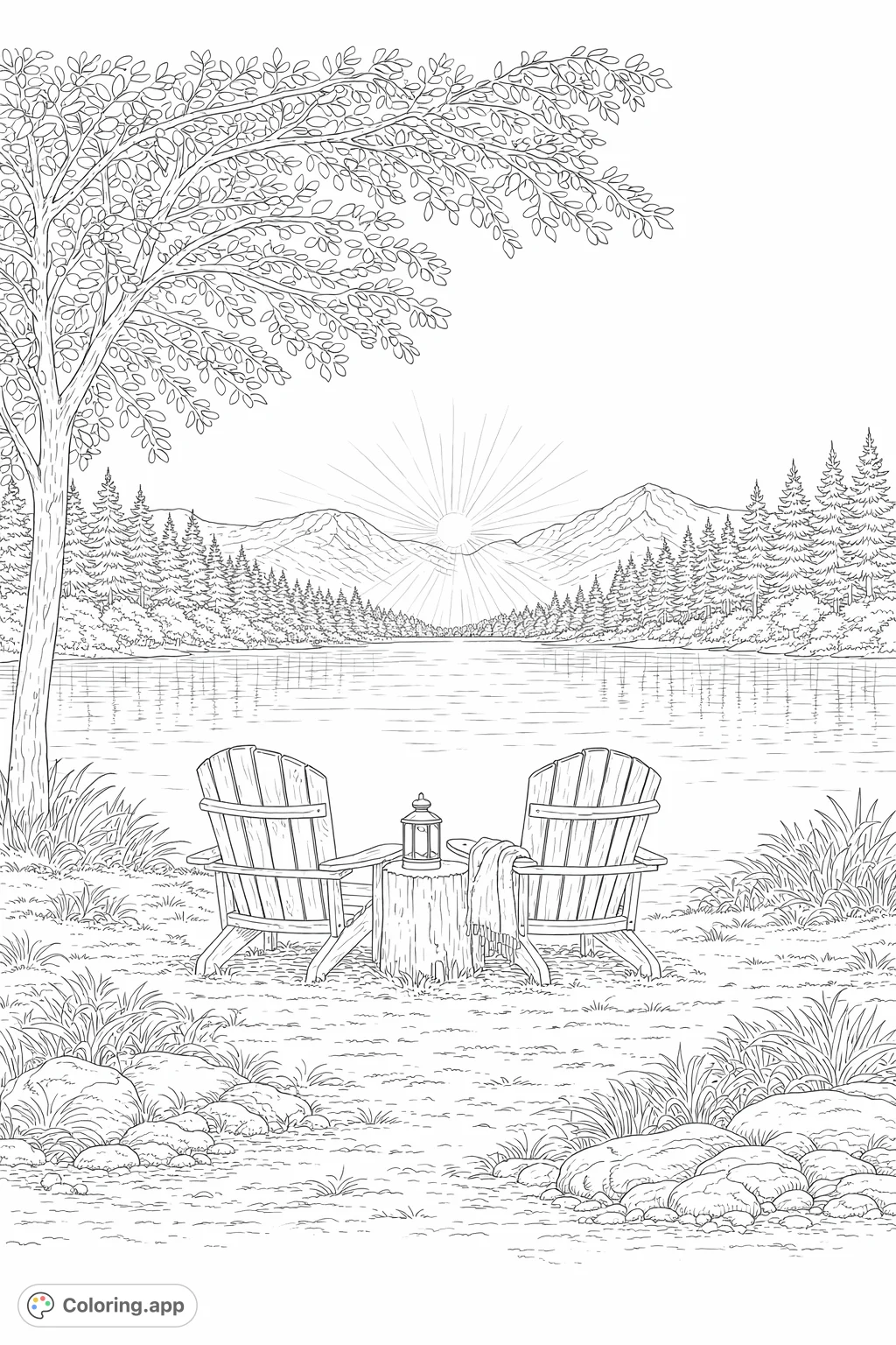 Find serenity at a tranquil lakeside retreat. Two Adirondack chairs, a cozy blanket, and a lantern await as the sun sets over distant mountains. Detailed nature scene.
