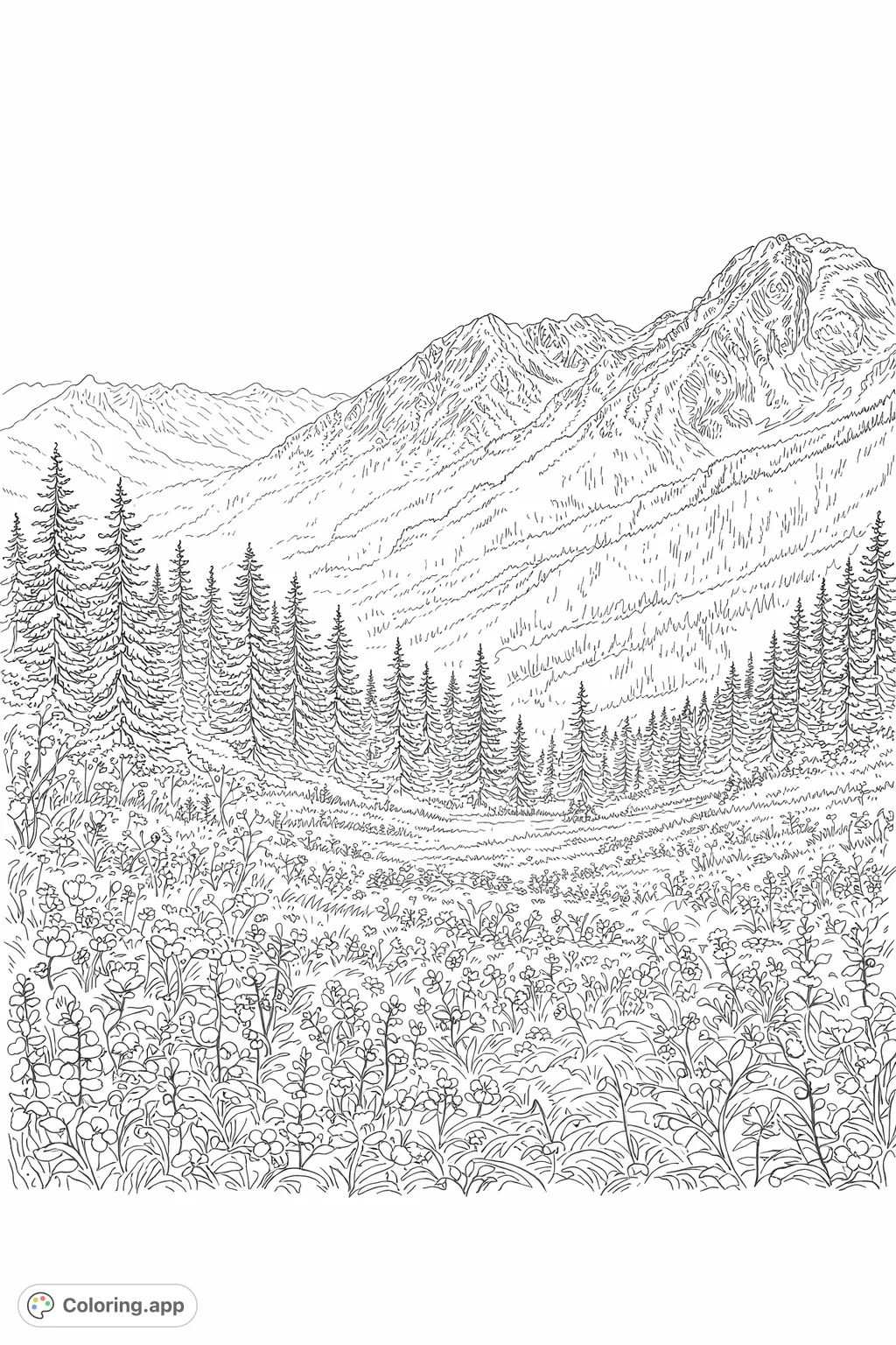 Discover a realistic mountain meadow coloring page, rich with wildflowers, towering pines, and majestic, snow-capped peaks, perfect for detailed coloring.
