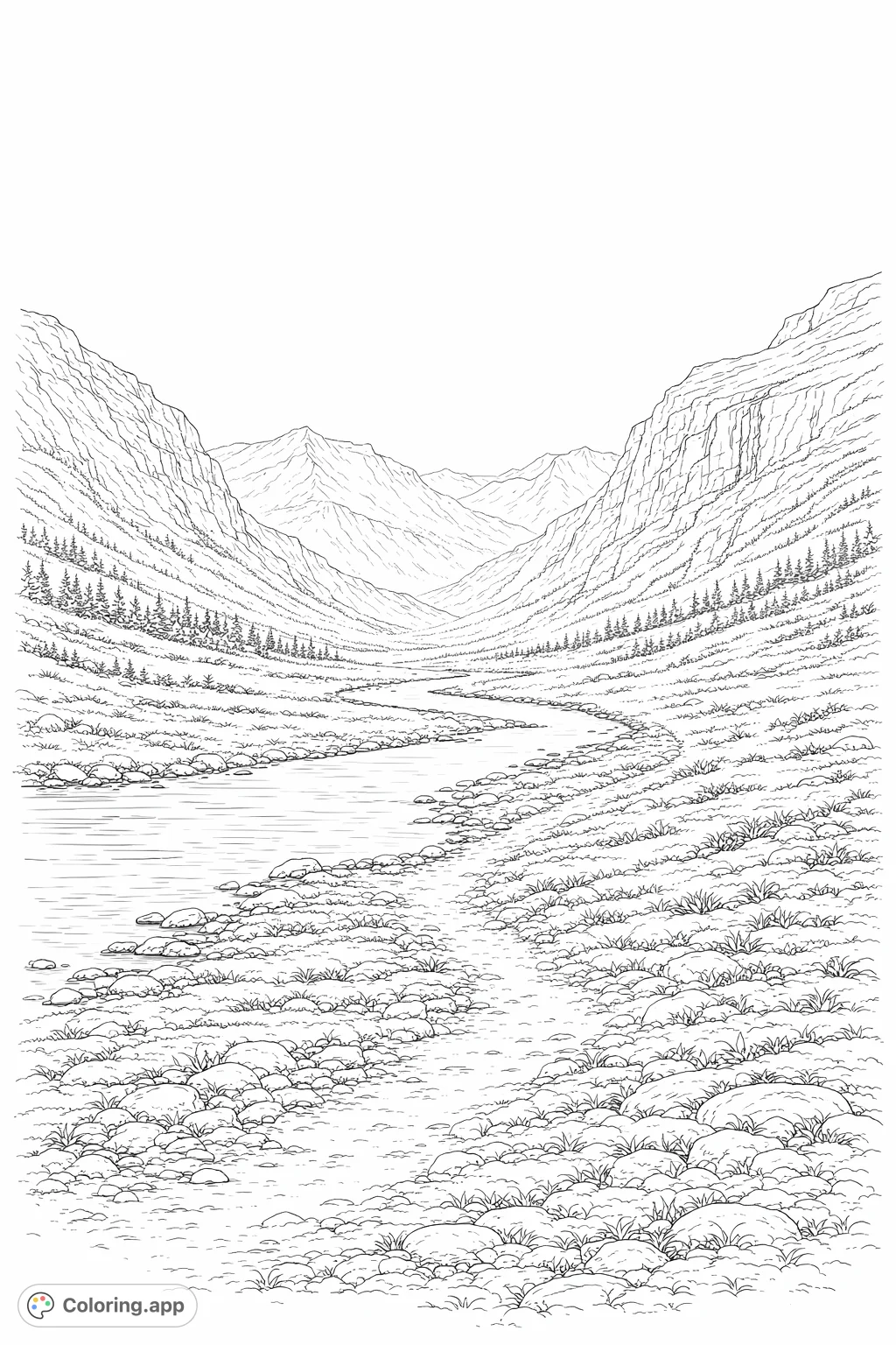 Explore a serene mountain valley, featuring a winding river, towering peaks, and lush foreground foliage. A realistic nature scene for calming creativity.