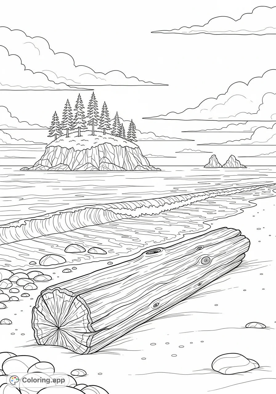 Discover a tranquil coastal scene featuring driftwood, rolling waves, and a tree-topped island. A calming free printable coastal scene coloring page.