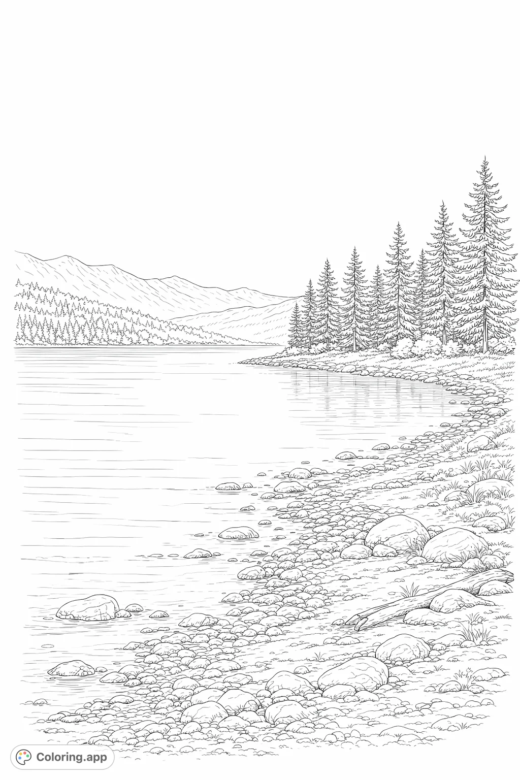 Immerse yourself in this serene lake landscape featuring a detailed rocky shoreline, towering trees, and majestic mountains under a wide expanse of sky.