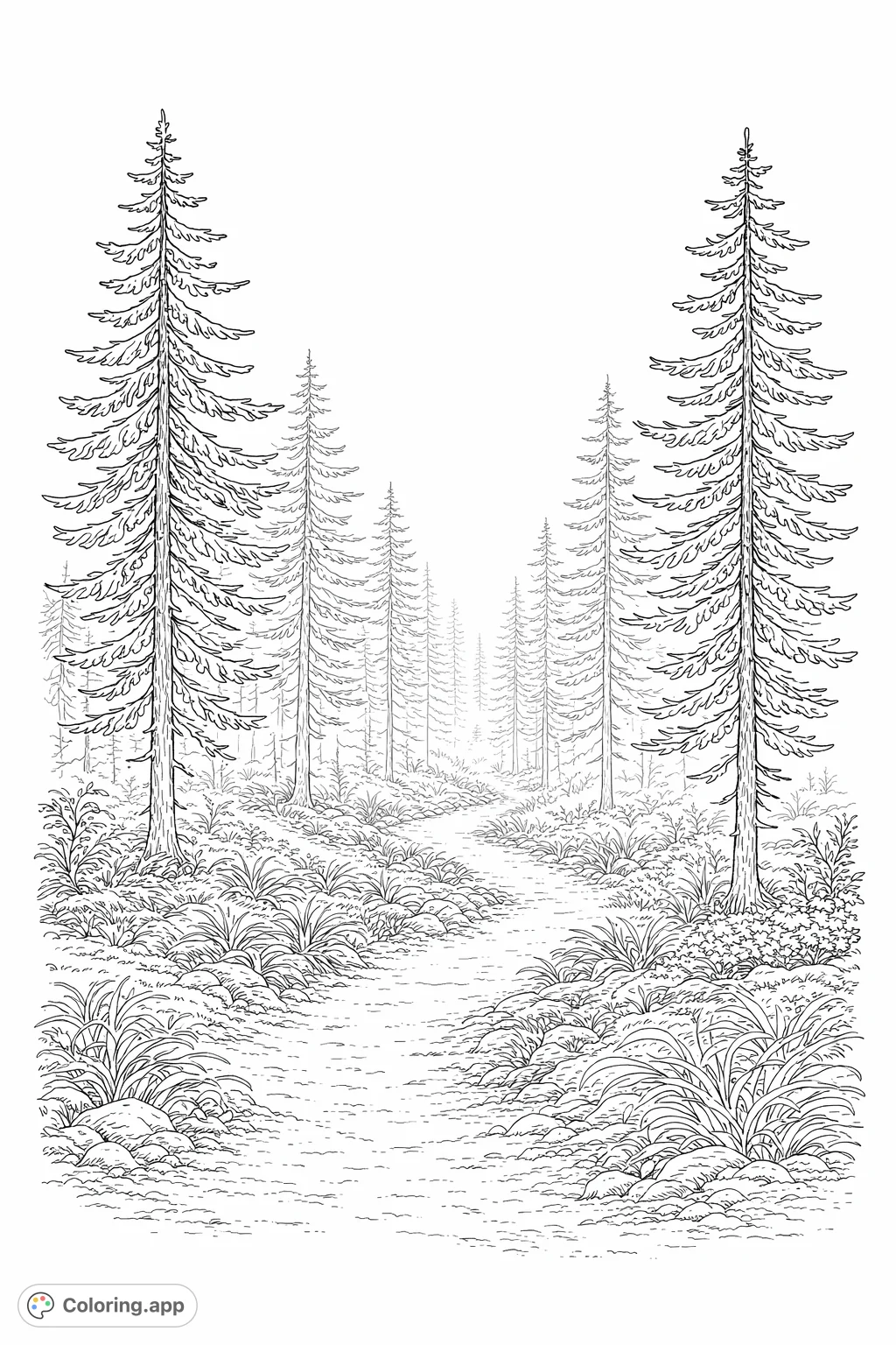 Explore a realistic forest path coloring page. Features towering evergreen trees, intricate foliage, and a winding trail for a captivating coloring experience.