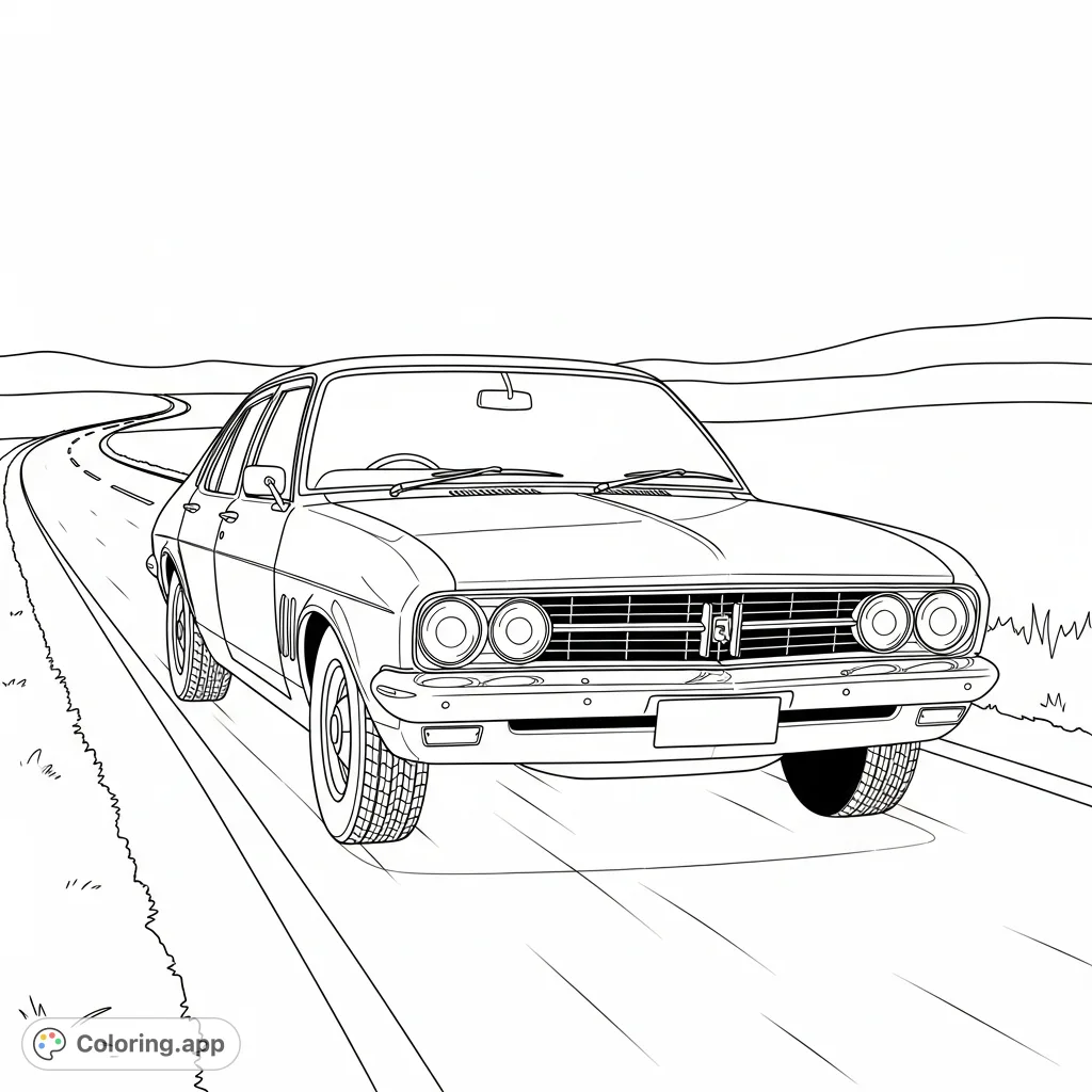 Color a classic Holden car cruising a vast open road. Perfect for vehicle enthusiasts to add custom details and bring this iconic automobile to life.