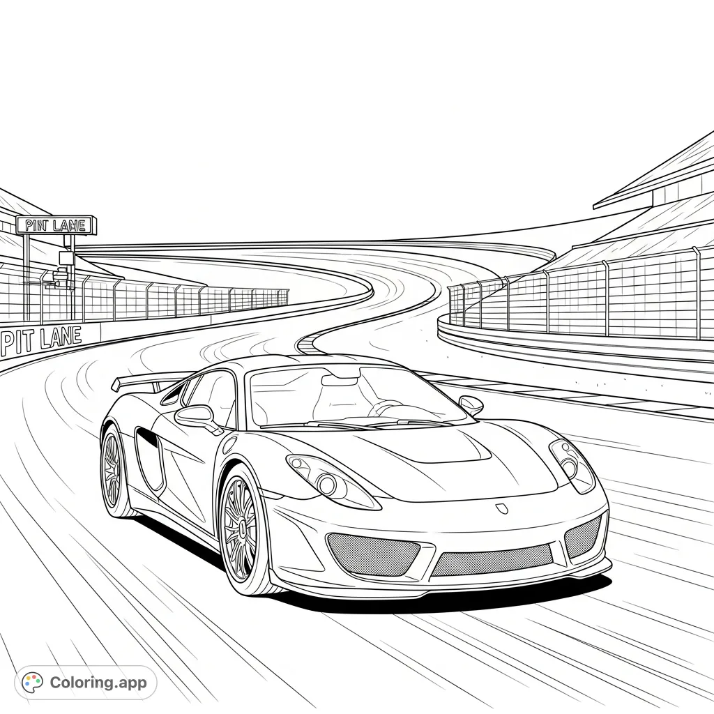 Experience the thrill of speed! Color a dynamic sports car racing on a professional track, perfect for car enthusiasts of all ages.