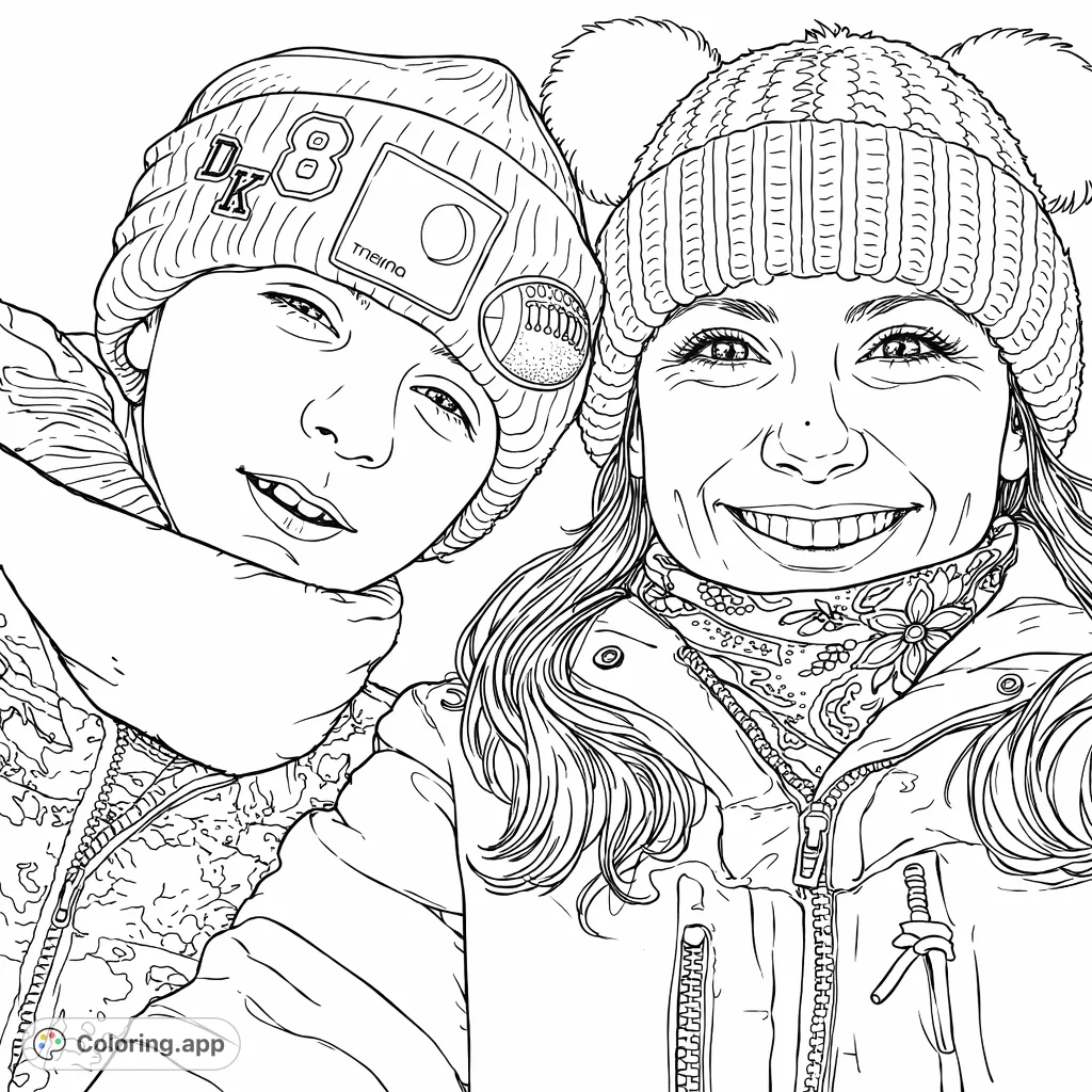 A cheerful coloring page featuring a smiling young person and an adult in cozy winter attire, perfect for a fun creative session.