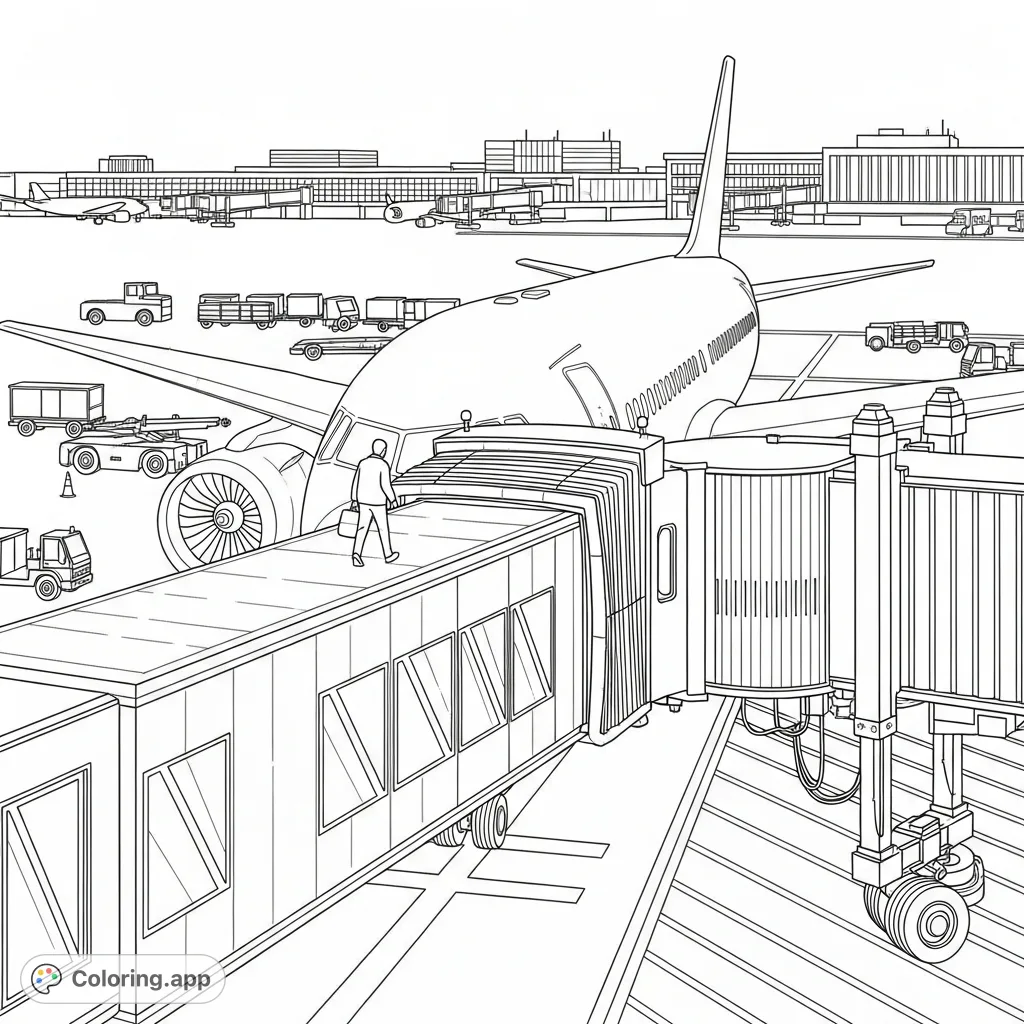 A detailed Kuwait international airways coloring page showing a passenger on an aerobridge connecting to a jet at a busy airport. Free printable.