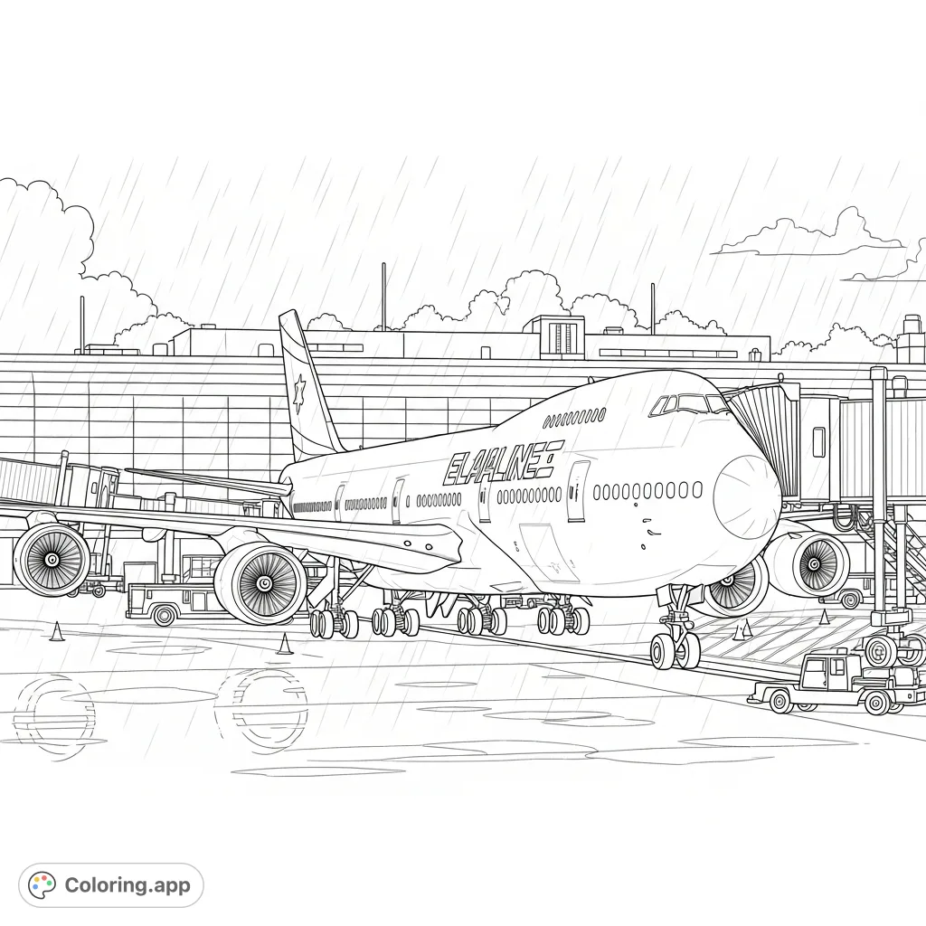 An Al Ul airlines 747-8 stands on a wet tarmac near an airport gate, amidst a rainy scene. Perfect for an aviation coloring page.