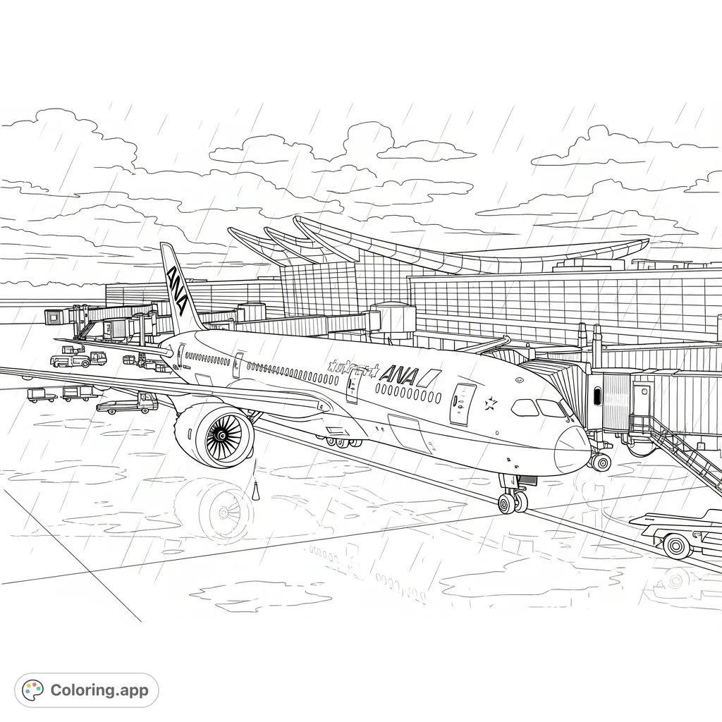 Color a detailed Ana Airlines Boeing 787-9 at an airport with a jet bridge under a rainy sky. A captivating airplane coloring page for all ages!
