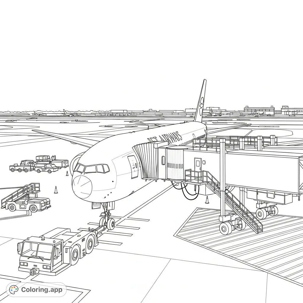 A detailed Jet Airways Boeing 777 coloring page. Features a parked aircraft, connected aerobridge, and a tug vehicle on a bustling airport tarmac. Perfect for aviation enthusiasts.